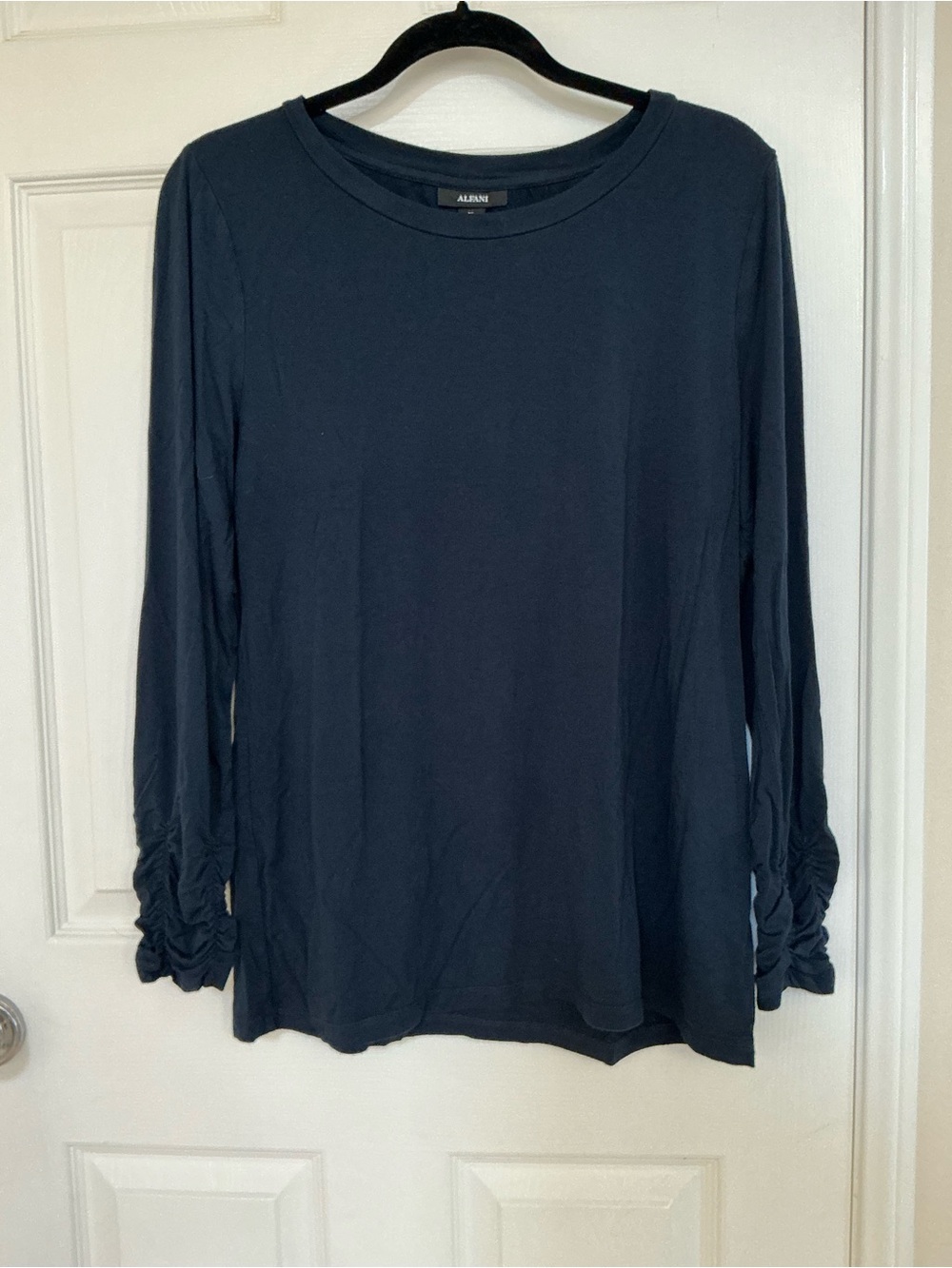 A.L.C. Navy Long-Sleeve Tee with Ruched Sleeve Detail